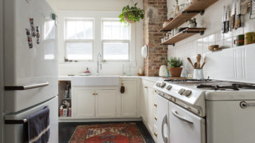 Where should a rug be placed in a kitchen?