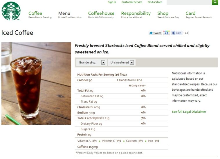 How many calories are in a Grande unsweetened iced coffee from Starbucks?