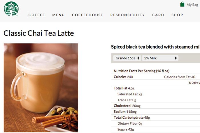 How many calories in a chai tea latte with coconut milk from Starbucks?