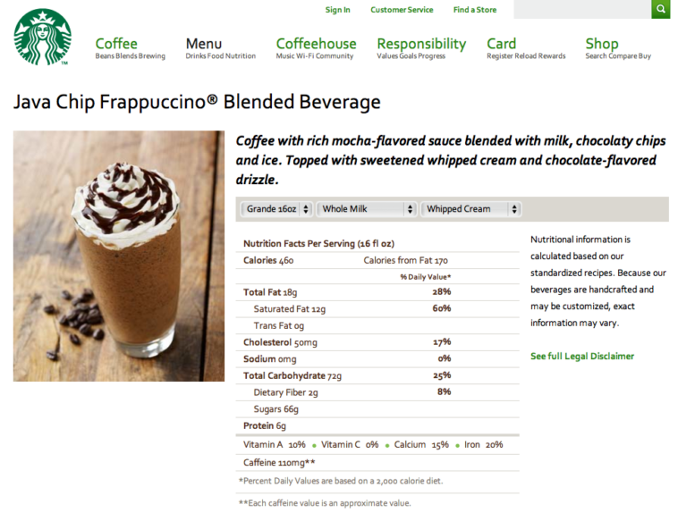 How many calories in a small Starbucks chocolate Frappuccino?