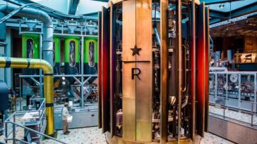 How tall is the cask centerpiece at Chicago Roastery?