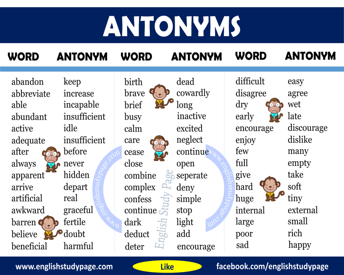 Quels sont les 50 exemples d'antonymes
