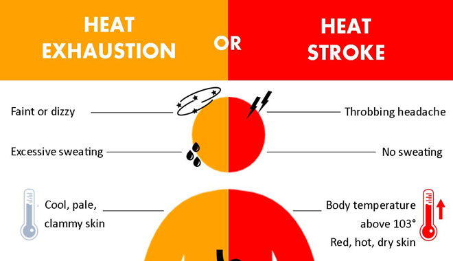 What are 3 signs of heat exhaustion being too hot?