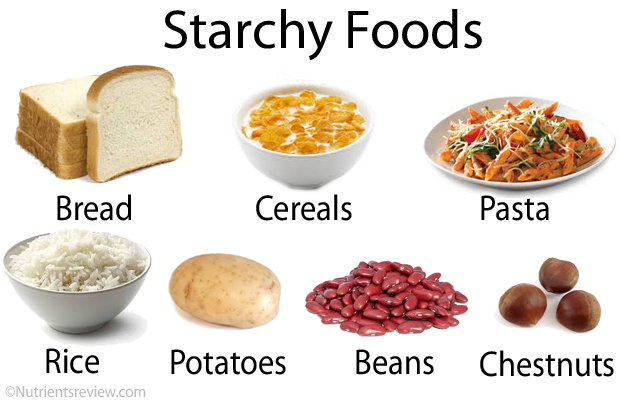 What are 5 examples of starchy foods?